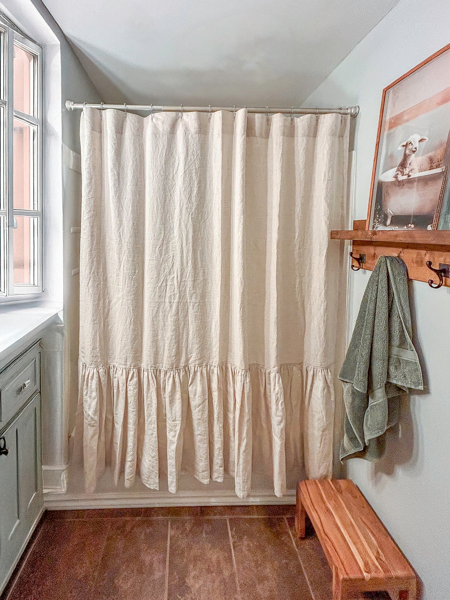 Ruffled Linen Shower Curtain