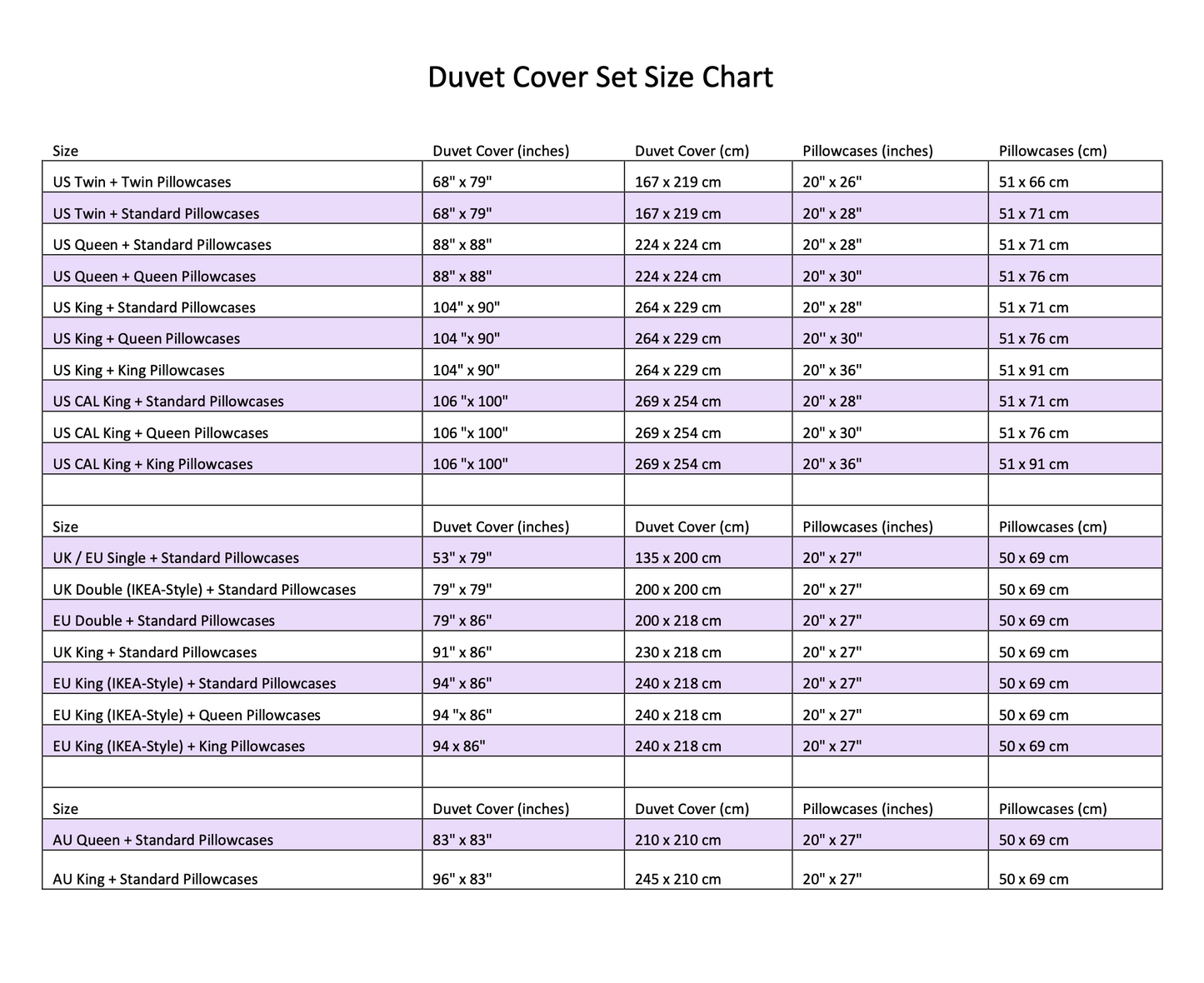 Cal. King Set Duvet + Pillowcases - choose colour in drop down